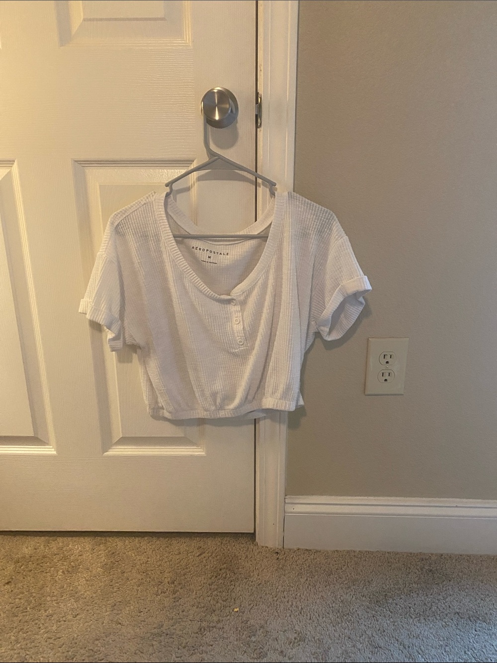 aerie White Cropped Waffle Henley Top